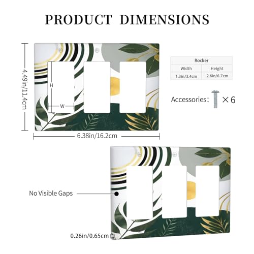Decorative Outlet Covers Boho Green Leaves Bohemian Gold Sun 3 Gang Wall Plate Triple Rocker Light Switch Cover Plate Jumbo Electrical Gfci Faceplate for Bedroom Decor
