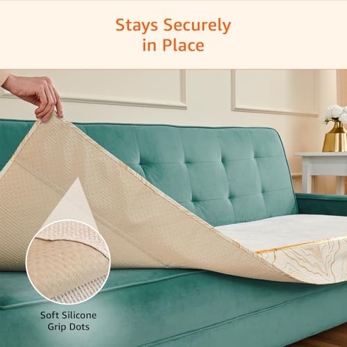 Image of Amazon Basics Knitted Fabric Sofa Cover for Three Seater, Classic Plaid, Non-Slip Sofa Pad, 70x180 cm, Soft Silicone Grip Dots, 100% Polyester, Machine Washable - Off-White