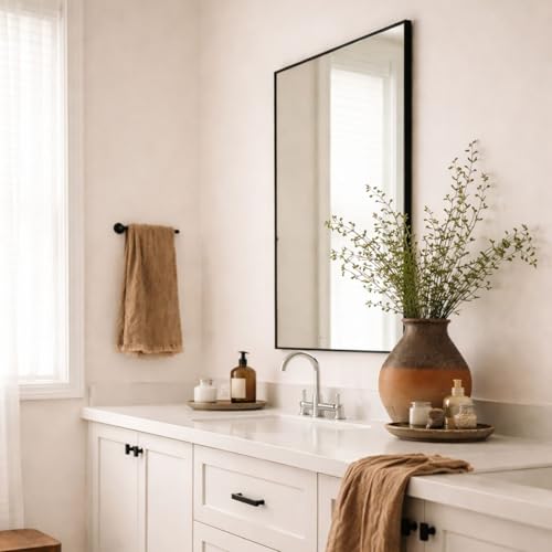 Image of TEHOME Black Bathroom Vanity Mirror with Squared Corners, 24x36'' Matt Black Rectangle Stainless Steel Metal Framed Mirror for Bathroom