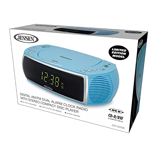 Jensen Sky Blue Modern Home Cd Tabletop Stereo Clock Digital Am/Fm Radio Cd Player Dual Alarm Clock Cd Top-Loading Player | Usb Charging Port Dv 5V 800Ma | Headphone Jack | 0.9 Display Green Led #TOP3