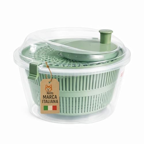 AKITAInk Centrifuga per Insalata 4,4 L Senza BPA - Asciuga Verdure Manuale in Plastica Trasparente/Verde, Ø 18-25 cm