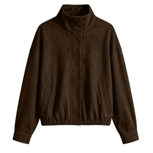 TERGHTP Women Faux Suede Bomber Jacket Stand Collar Leather Cropped Jackets - image 7