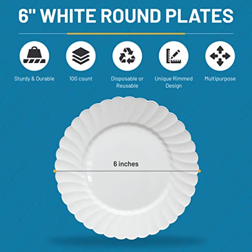Premium Hard Plastic Round White Plates – 100 x 6” -Washable & Reusable - Party Supplies For Birthdays, Celebrations, Buffets, Fiestas, Catering & More…