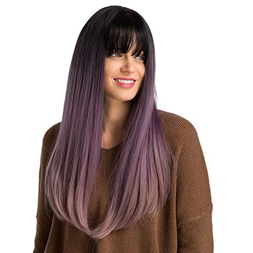 TopWigy Long Purple Wig with Bangs Synthetic Straight Wig Dark Root Fashion Cosplay Party Wigs for Women