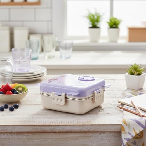 Image of Darkpyro Super Bite Buddy Cartoon Kids Lunch Box with Compartments - Air Vent, Spoon, Sauce Container & Stainless Steel Tray - Purple Chick Design(1100ml+50ml)