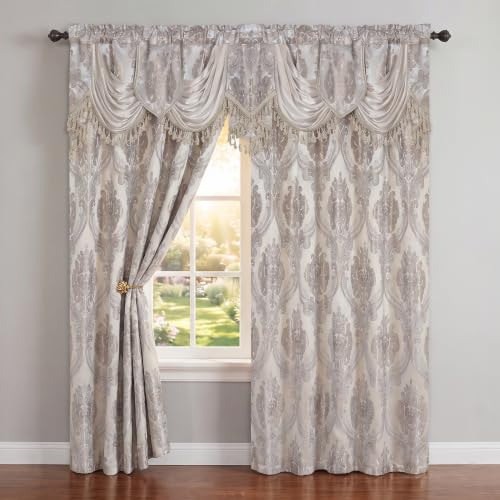GOHD Luxe Love. Jacquard Window Curtain Panel Drape with Attached Fancy Valance. 2pcs Set (Sand, 84" Drop x 54" Wide with 18" Valance x 2pcs)