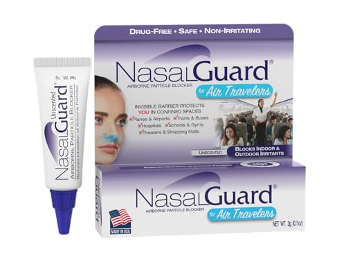 NasalGuard Airborne Particle Blocker Nasal Gel for Air Travelers - Drug-Free, Non-irritating, Non-drowsy, Ideal for Airplane Travel (Unscented) - Over 150 Applications Per Tube (0.1 oz, Pack of 1)