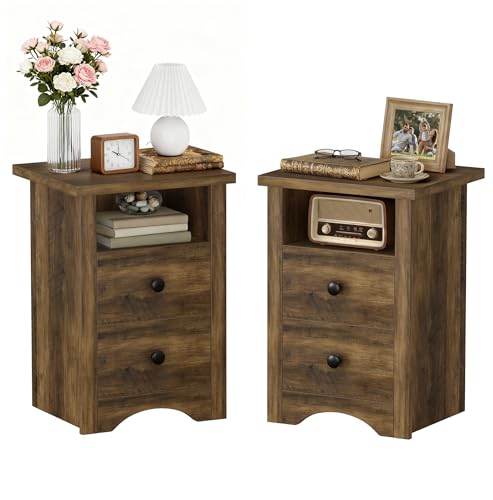 JUMMICO Farmhouse Nightstands, End Table with 2 Storage Drawers and Open Shelf, Rustic Bedside Table for Bedroom, Living Room(2, Warm Amber)