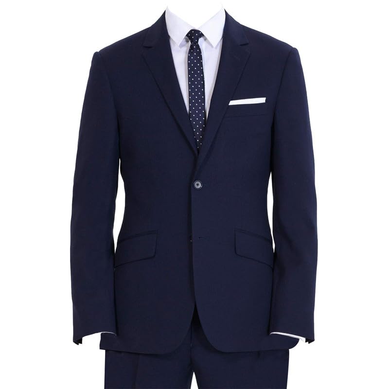 HBDesign 2 Piece 2 Button Flat Collar Casual Navy Blue Suits(Jacket+Pants)2