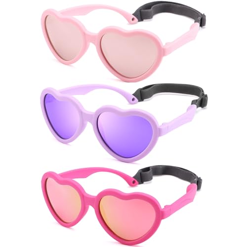 Kids Heart Polarized Sunglasses - TPEE Rubber Flexible Toddler Sunglasses with Strap for Girls Boys Age 2-8