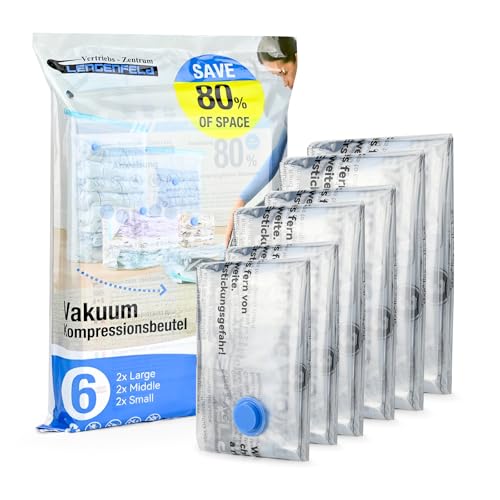VZL Vakuumbeutel für Kleidung & Bettdecken – Vakuumbeutel Reise Set, Koffer Organizer, Kleidersack, Vacuum Bags for Clothing, Compression Packing Cubes, Wäschebeutel & Vakuumierbeutel (6er Pack)