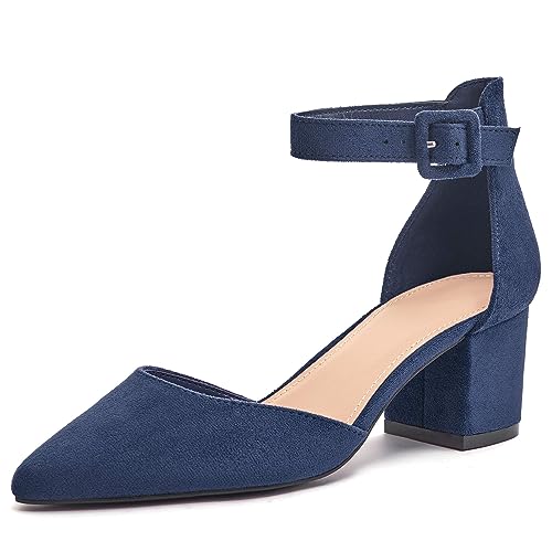 Womens Chunky Block Low Heel D'Orsay Dress Pumps Sandals Navy Suede