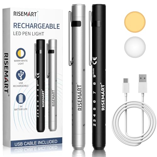 Image of Rechargeable Pen Light for Nurse, 2Packs Rechargeable LED Medical Pen Light, Warm&Cool White Light, Portable Medical PenLight for Nurse, Doctor, First Aid, EMT, Nursing,Nursing Student Black1+Silver1