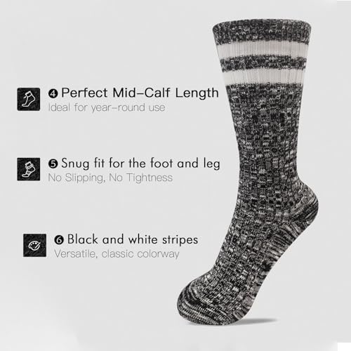 Image of Women's Mid-Crew Socks Black Striped Athletic Casual Cotton Comfort Boot Socks (US 5-9)