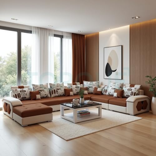 Image of Silvester 12 Seater Sofa Set for Living Room (Beige-Brown) | Interchangeable U Shape Sectional Sofa | Solid Wood Frame & High-Density Supersoft Foam | Includes Puffy & Stool | Modern Home Furniture