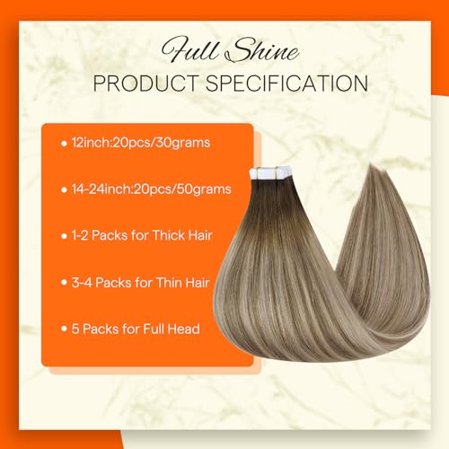 Image of Full Shine Tape in Hair Extensions 22Inch Skin Weft Tape in Color Dark Brown 3 Fading to 8 and 22 Blonde Seamless Remy Invisible Natural Human Hair Extension 20Pcs for Women 50Gram Soft