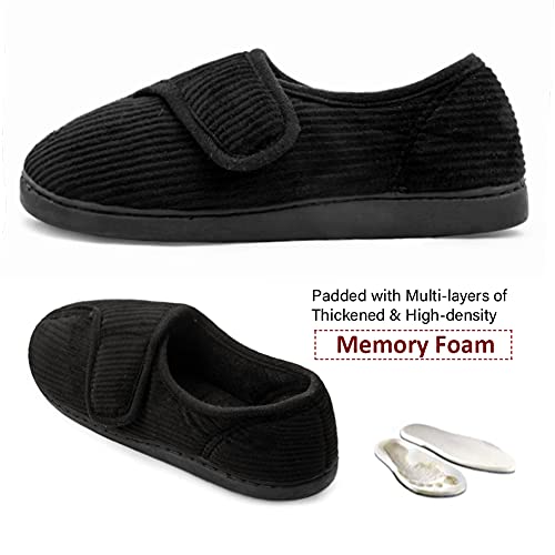 Git-Up Men Memory Foam Diabetic Slippers Adjustable Arthritis Edema Swollen Feet Wide House Shoes Comfy Soft Non-Slip Plus Size Indoor Outdoor Slipper,Black,11 D(M). #TOP3