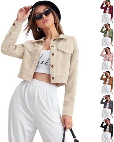 Cropped Jacket Women Corduroy Soft Warm Button Up Workout Jacket Fall Casual Trendy Fashion Clothing with Pockets