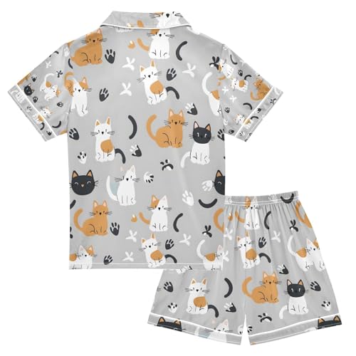 senya Cat and Gray Background Satin Summer Pajama Sets Silk Short Sleeve Button Down Sleepwear2