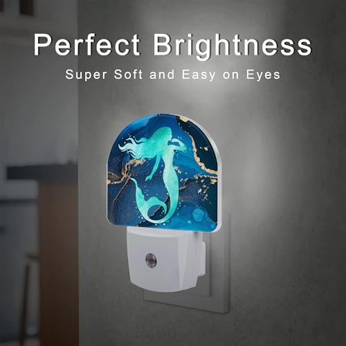 Image of Watercolor Turquoise Mermaid Night Light for Kids,Navy Blue Golden Marble Night Light Plug in with Dusk to Dawn Sensor,0.5w Energy Saving Nightlight for Hallway Stairway Kitchen Bedroom