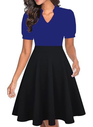 Mokayee Womens Summer Short Puff Sleeve Casual Semi-Formal Fit and Flare Church Wedding Guest Work Dresses with Pockets, Blue+Black, Large