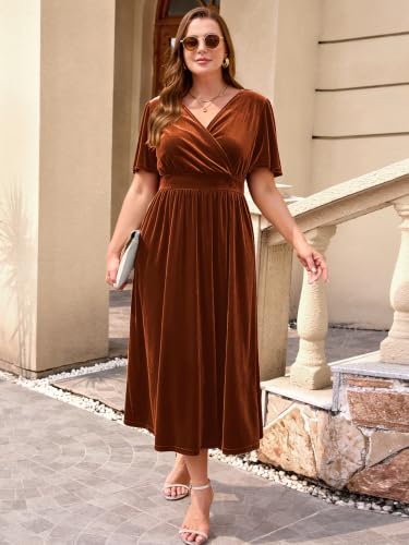 Image of BELAROI Velvet Dress Cocktail Party Plus Size Fall Midi Dresses with Pockets Wrap V Neck Empire Waist Short Sleeve L-4XL