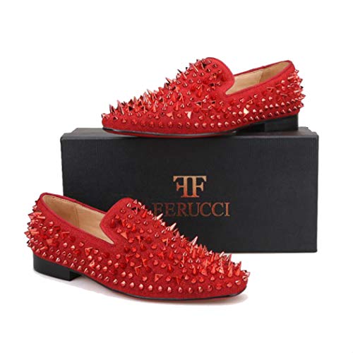 FERUCCI Men Red Velvet Slippers Loafers Flat with Red Spikes Rivets2