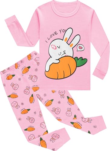EULLA Kinder Mädchen Schlafanzüge Langarm Baumwolle Winter Pyjama Set Hase Zweiteilig Nachtwäsche 6 Jahre alt 9-2# Rosa Hase DE 116