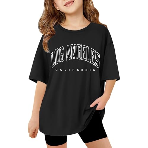 T-Shirt Mädchen Jungen Sommer Rundhals Kurzarm T Shirts Kinder Lässig Sport Oversized Tops Mode Brief Drucken Tshirt Lockere Bequem Oberteile Kinderkleidung 3-14 Jahre (Black, 11-12 Years)
