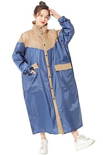 BUQIREN レインコート レディース 自転車【昇級版】ロング丈のおしゃれな レインポンチョ 軽量 リュックにも対応 反射テープ 収納袋付き レインコート メンズ 通勤通学 防風防水 梅雨対策 男女兼用 (ベージュ&紺, L(150-165cm))
