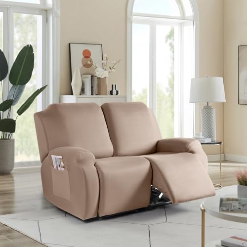 Image of TAOCOCO Recliner Loveseat Slipcover, 2 Pieces Polyester Fabric Stretch Sofa Covers for 2 Seat Reclining Couch, Soft Washable Furniture Protector with Pockets (2 Seat, Khaki)