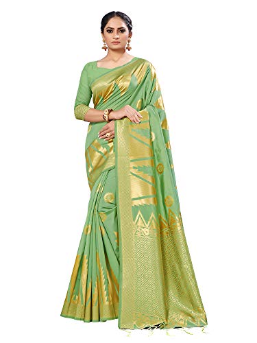 Image of AKHILAM Women's kanjivaram silk saree Saree with Unstitched Blouse Piece (Free size Light Green DRVR123H)