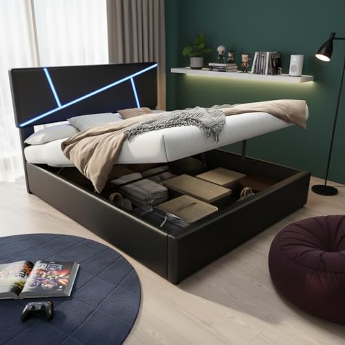 staronce Cama individual tapizada 90 x 200 cm con LED y almacenamiento hidráulico – Cómoda cama funcional con somier y respaldo, color negro, poliuretano, para habitaciones pequeñas e invitados