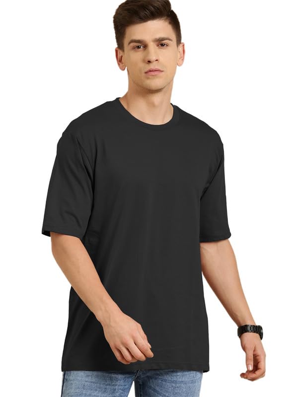 Image of LAZYCHUNKS Men's Casual Solid Round Neck,Oversized Longline Drop Shoulder Style T-Shirt