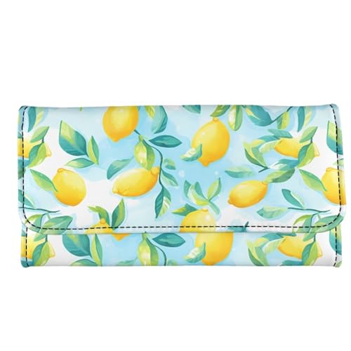 Image of AFPANQZ Leather Wallets for Women, Lemon Print RFID Blocking Checkbook Wallet with Cit Card Slots Phone Holder Zip Pocket, Buckle Closure, Ladies Purse