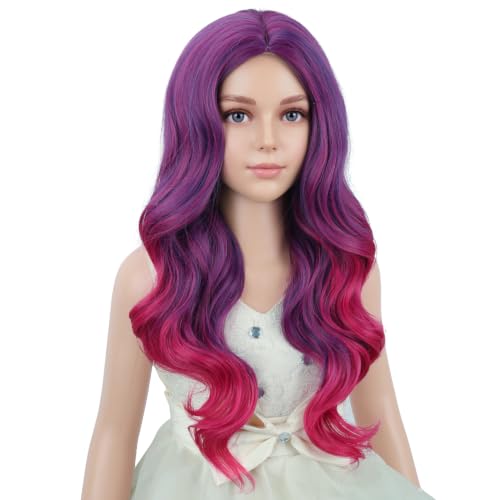 Image of PATTNIUM Purple Ombre Pink Wig for Kids Girls Long Curly Wigs Purple and Pink Middle Part Heat Resistant Synthetic Wigs with Wig Cap