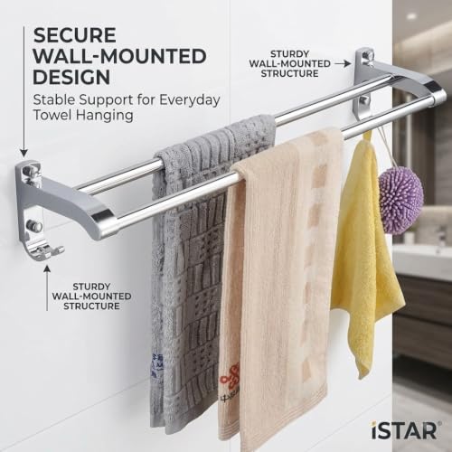 Image of iSTAR Double Rod Towel Holder - Stainless Steel Wall Mounted 2 Bar Towel Rack, 24 Inch Rust-Proof Chrome Finish (Silver, Pack of 4)