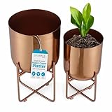 BIRDROCK HOME 2pc Modern Planter with Stand - Elevated Plant Holder for Indoor/Outdoor Use - Sturdy Black Floor Standing Pot Stand for Houseplants, Trees, and Flowers - Small Large - Copper