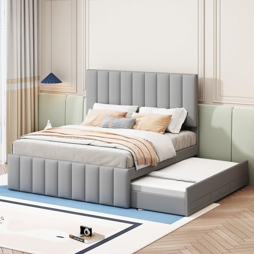 PUGSDRLY Lit 140x200 avec 3 Tiroirs et lit gigogne 90x190cm,Lit Double avec Sommier à Lattes,Tissu de Lin,Tête Capitonné,pour Enfant Adolescent Adulte,sans...