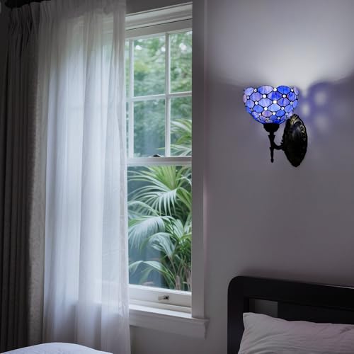 Image of Tiffany Wall Sconce Hand-Weld Stained Glass Bedside Lamp with Classic 8 Inches Lampshade for Bedroom Hallway Living Room Home Office (Blue Purple)