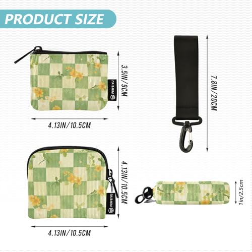 linqin Green Yellow Flowers Checkeds Women's Wallets Card Cases Slim Portable Business Card Holder with Wristle Strap for Ladies Girls 2 Pcs4