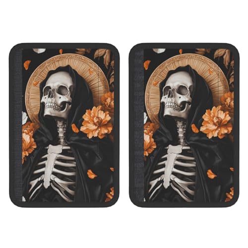 Skeleton with Orange Flowers Car Seat Belt Cover 2 Pack Seatbelt Strap Shoulder Pad Protector Universal Comfort for Car