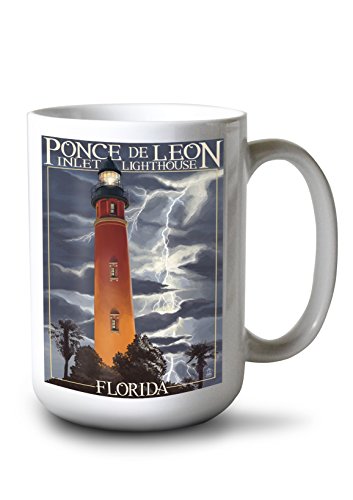 Lantern Press Ponce De Leon Inlet Lighthouse, Florida, Lightning at Night (15oz White Ceramic Mug)