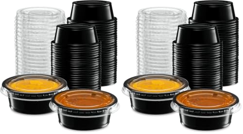 Image of 1.5 oz - 100 Sets Black Diposable Plastic Portion Cups With Lids, Small Mini Containers For Portion Controll, Jello Shots, Meal Prep, Sauce Cups, Slime, Condiments Disposable Souffle Cups (Pack of 2)