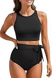 Aqua Eve Women High Waisted Bikini Set Racerback Swimsuit Two Piece Bathing Suit High Neck Swimwear Black Medium