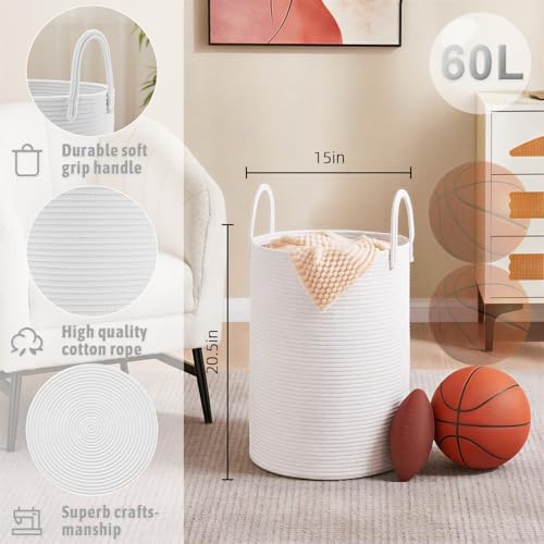 Image of Artfeel Laundry Basket,Woven Cotton Rope Laundry Hamper,60L for Decorative Storage of Dirty Clothes,Toys and Blankets in Bathroom,Baby Room and Living Room