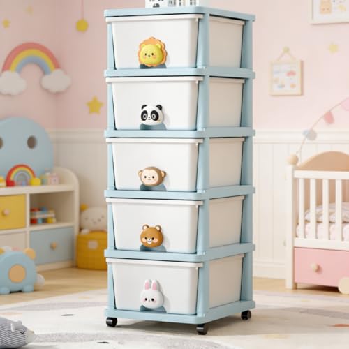 5 Tier Toy Storage Organizer with Wheels, Large Toy Chest with Drawer, Cartoon Design Storage Bin for Kids Bedroom, Nursery, Kindergarten, Daycare Classroom