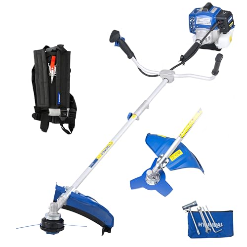 Hyundai 56cc Petrol Brushcutter & Grass Trimmer 2-in-1 Steel Blade & 43cm Nylon Line Head Split Shaft Harness Included Heavy Duty Garden Cutter