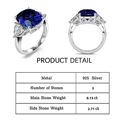 Jeulia Cushion Cut Gemstone Three Stone Ring: Sterling Silver Blue Simulated Sapphire Women's Engagement Ring Wedding Anniversary Christmas Birthday with Jewelry Gift Box2