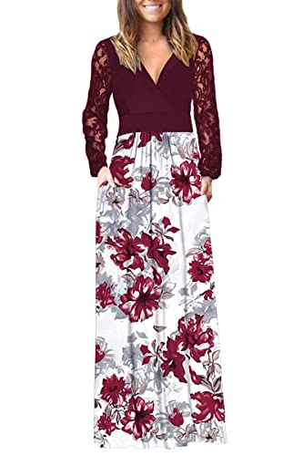 Image of AUSELILY Womens Lace Long Sleeve Maxi Dress V Neck Wrap Waist with Pockets | Lace sleeves, cross-wrap neck flatters, hidden pockets, floor-length maxi for year-round